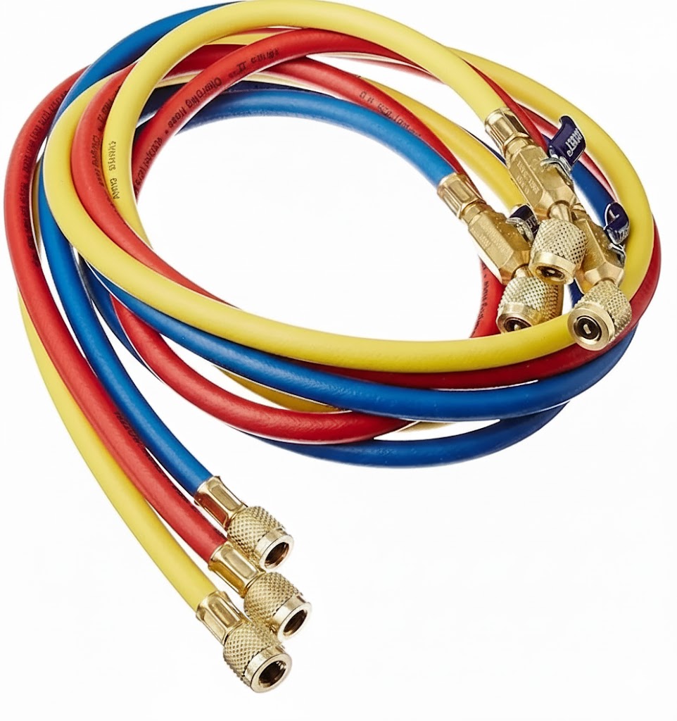 Set of 3 Refrigeration Charging Hoses (Red, Yellow, Blue) - 1/4" Compact Ball Valve - 72 In.