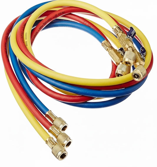 Set of 3 Refrigeration Charging Hoses (Red, Yellow, Blue) - 1/4" Compact Ball Valve - 72 In.